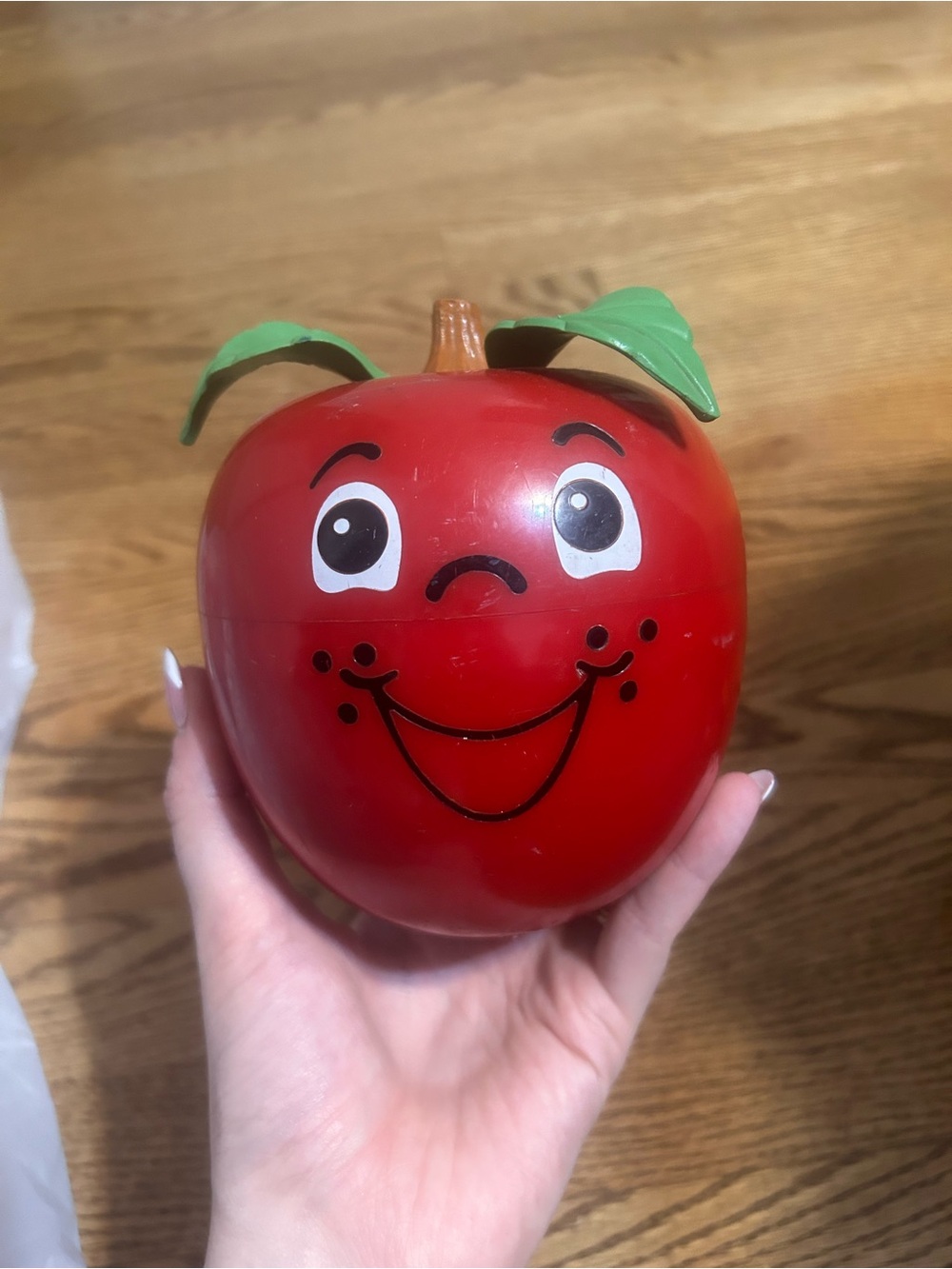 Vintage 1972 Fisher-Price Happy Apple Toy with Green Leaves and Smiling Face